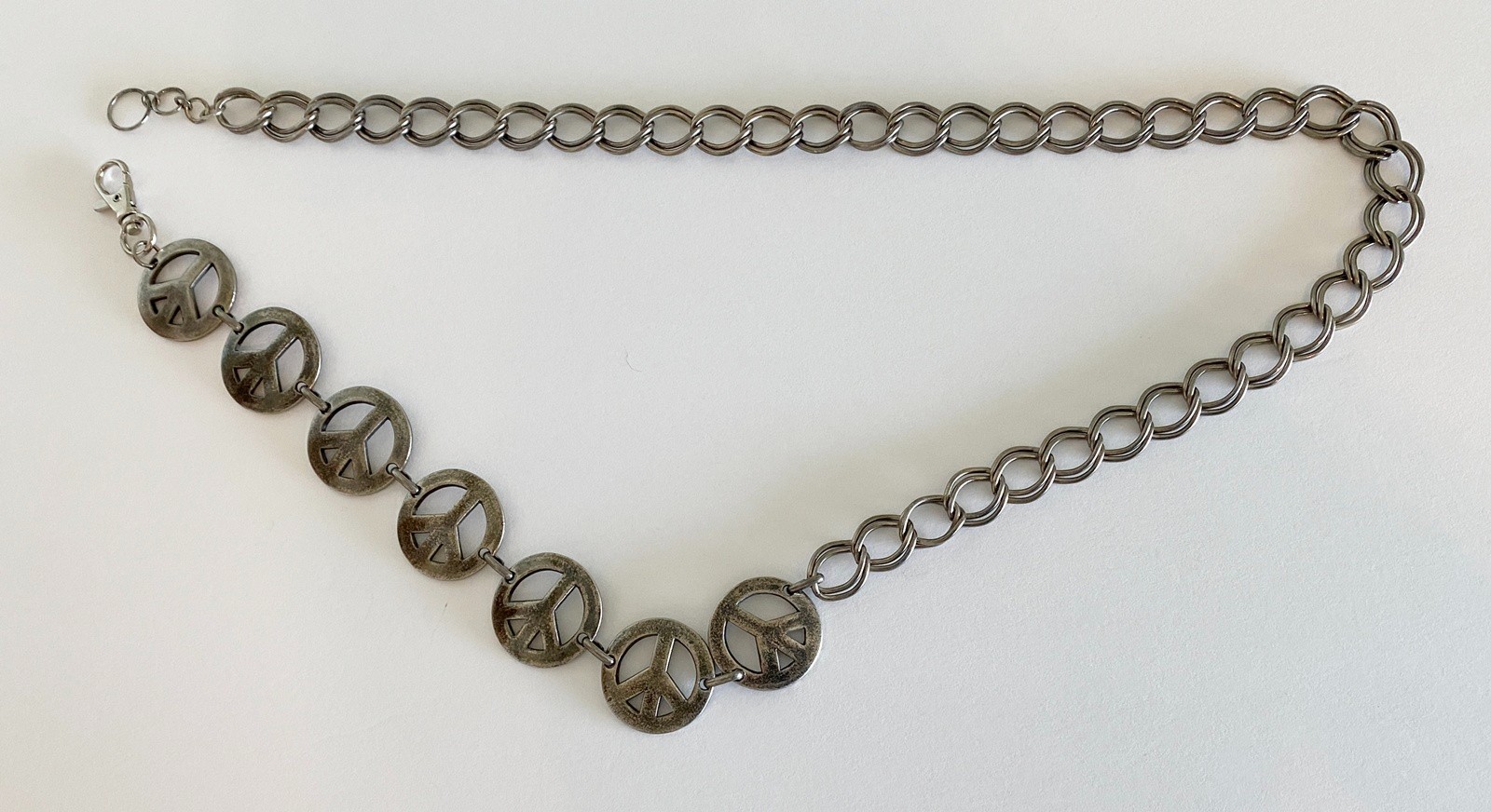 Vintage Peace Sign Belt 43 in Chain Silvertone Metal Unisex Hippie Boho Groovy