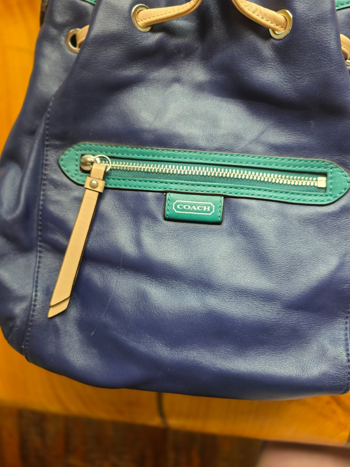 Coach Daisy Leather Drawstring Shoulder Bucket Bag Blue Green Tan Colorblock