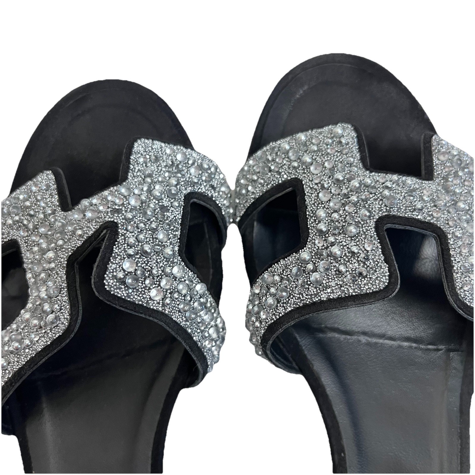 Hermès Oran Crystal Heeled Mule Sandals Black Leather 40 Silver Glitter Heels