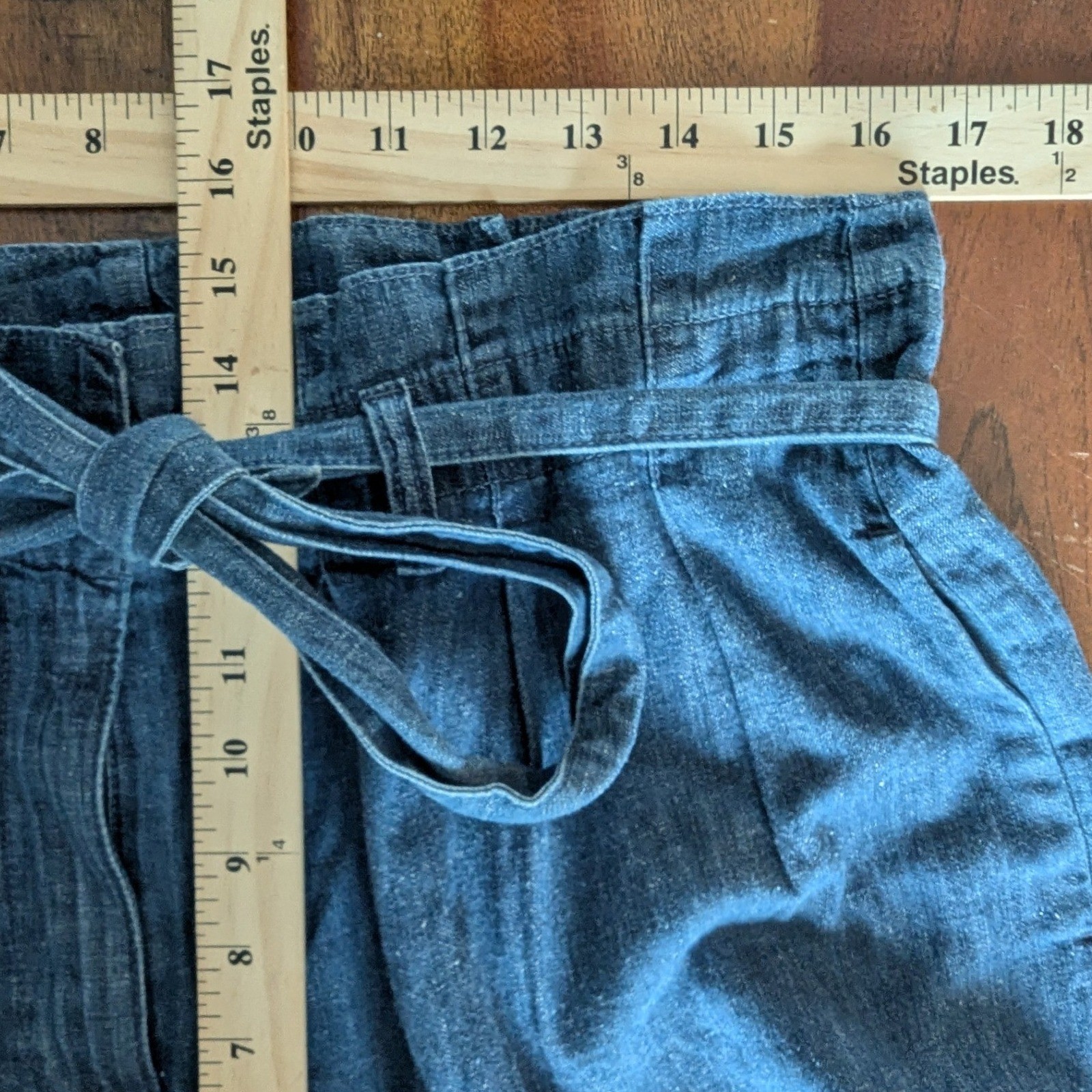 J.Crew Paperbag Pants Blue Chambray Denim Tie Waist Pleated Sz 14 Medium Wash