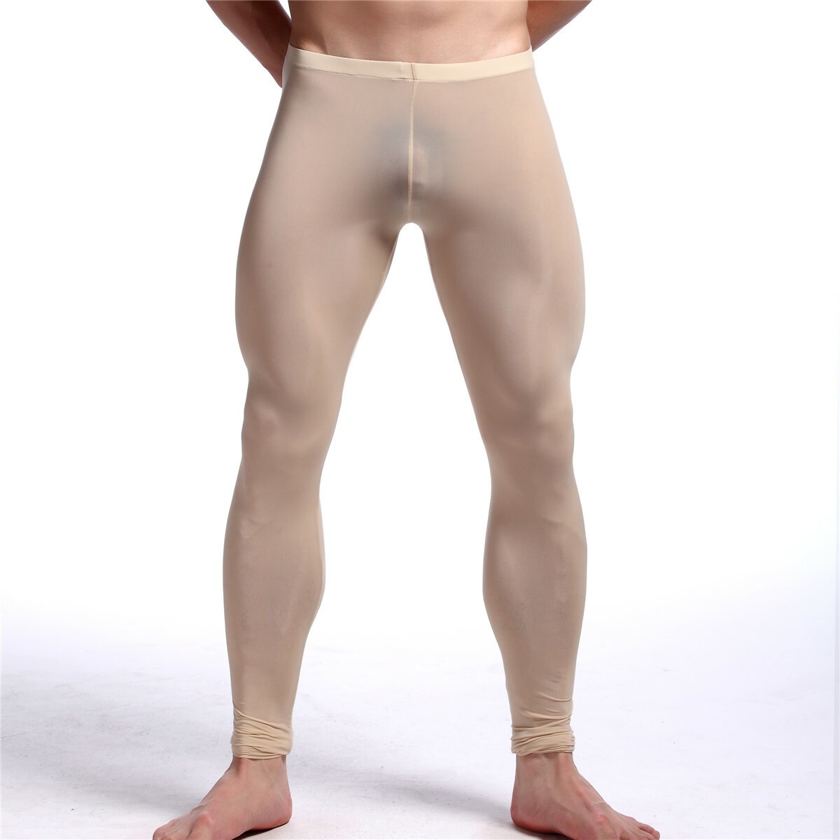 Men SexyLingerie Ice Silk Thin Long Johns Pants Leggings Sleepwear Underwear GYM