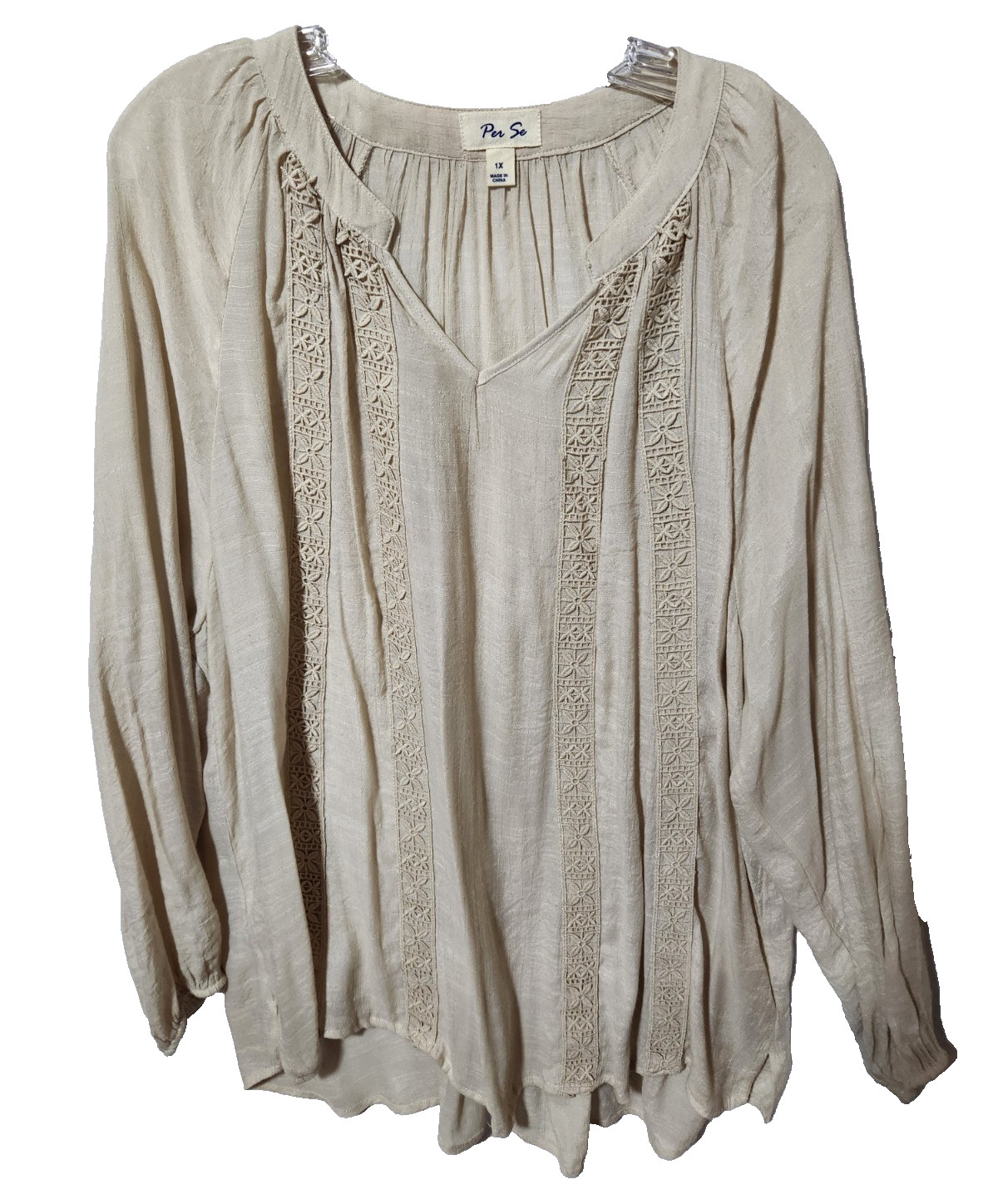 Women’s PER SE Cream V Neck Sheer Boho Embroidered Flowy Blouse Casual Size 1X
