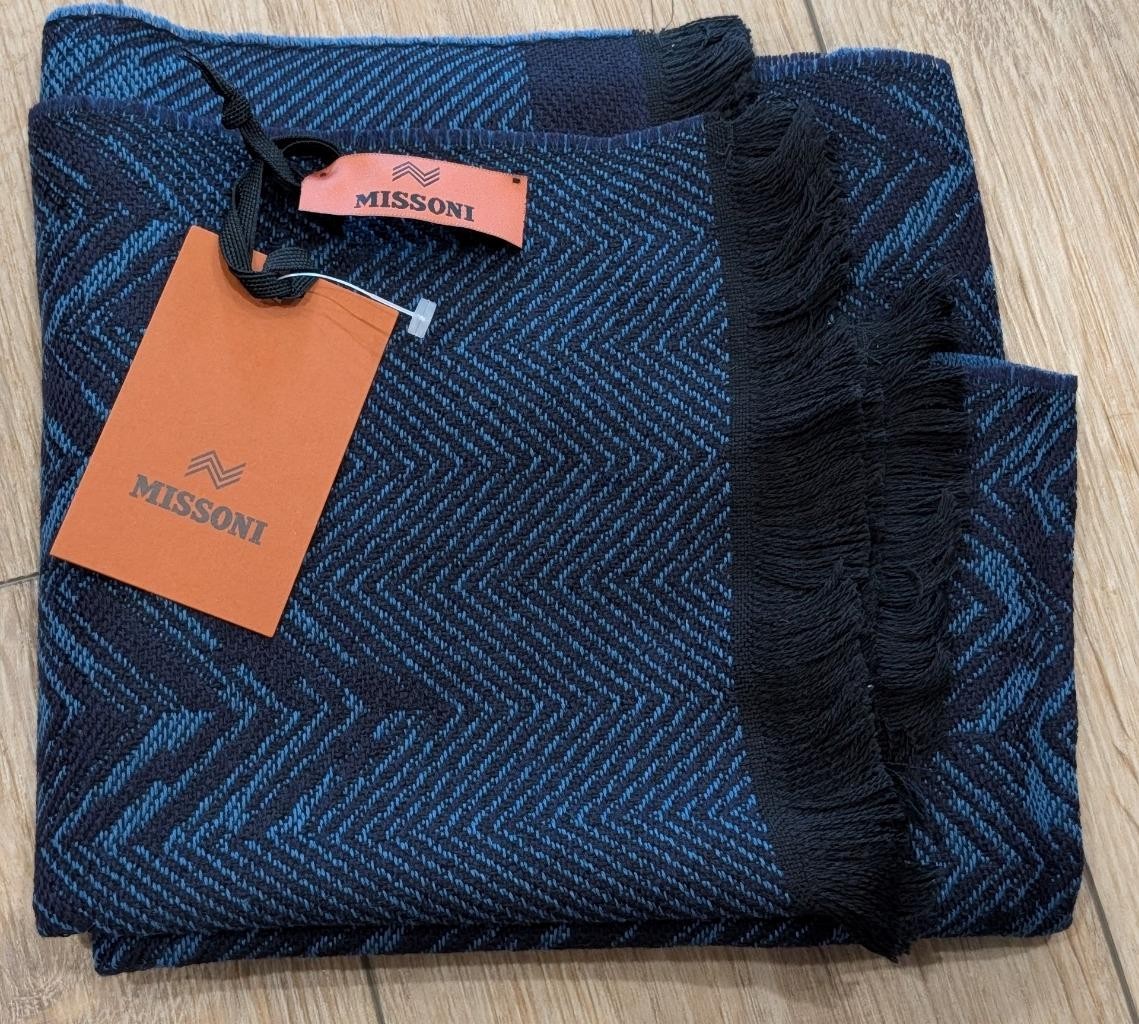 $285 Mens MISSONI Logo Chevron Wool Blend Scarf Blue Multi