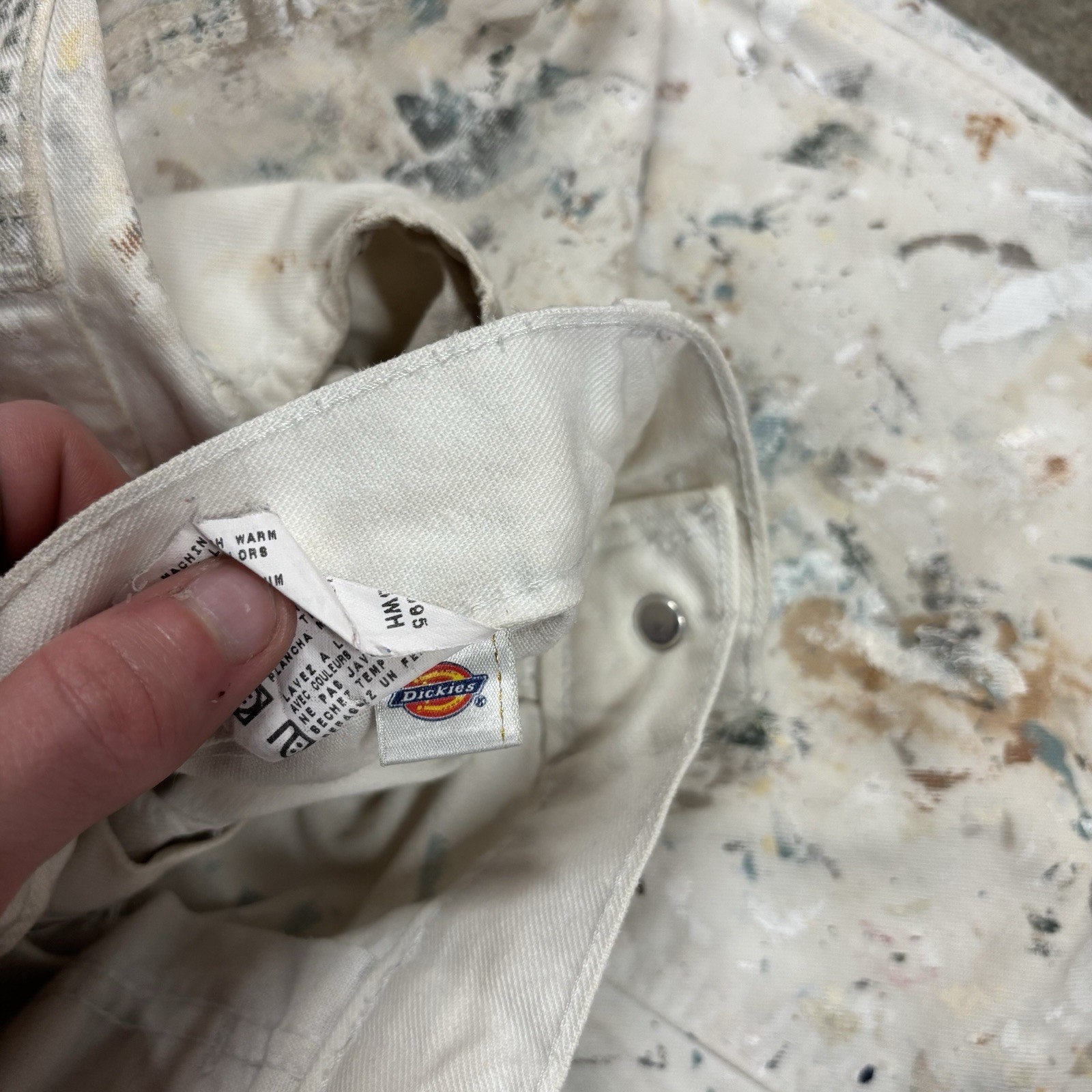 Vintage 90s Distressed Paint Splatter White Canvas Dickies Carpenter Pants 30×30