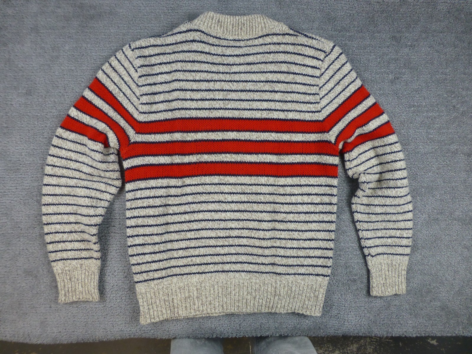 Vintage Joshua Sweater Wool Blend Stripe SZ Med Tan Brown Red Crew Neck Ragg