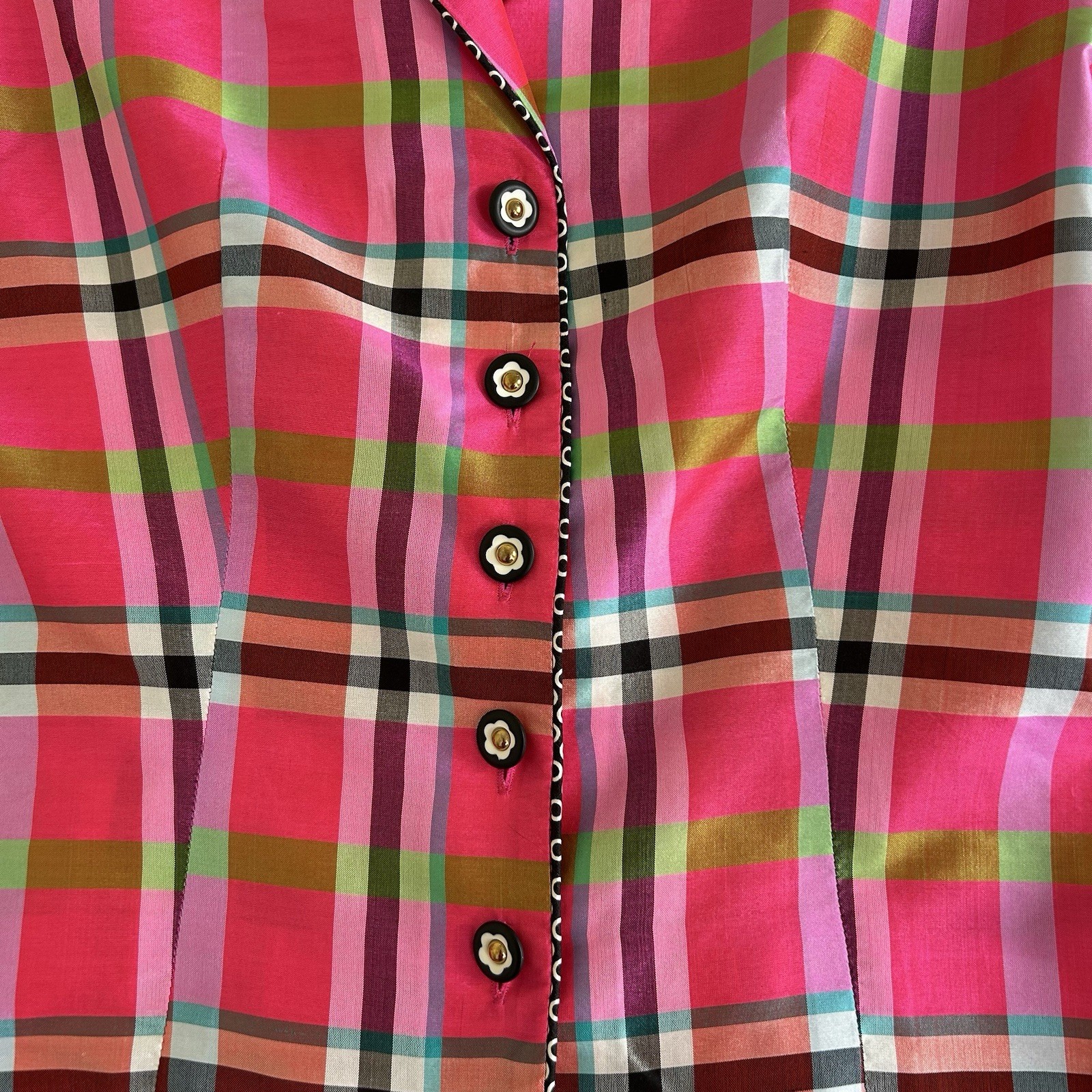 Marisa Baratelli Womens Blouse Size 4 Pink Plaid Button Up Collar 100% Thai Silk