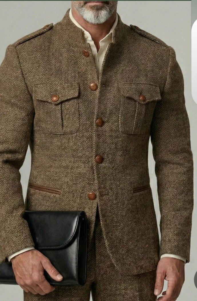 Herringbone Men’s Norfolk Jacket Hunting Outdoor Suit Tweed Brown Wool 2Pcs