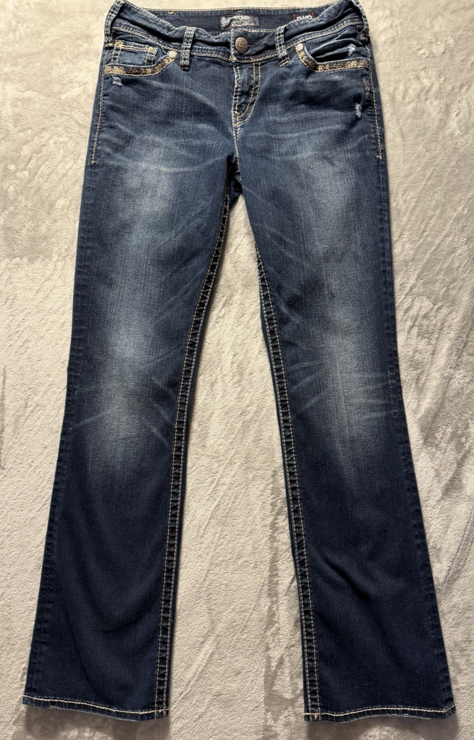 Silver Jeans Womens 31×33 Blue Suki Mid Slim Boot Fluid Denim Whiskered Flap Pkt
