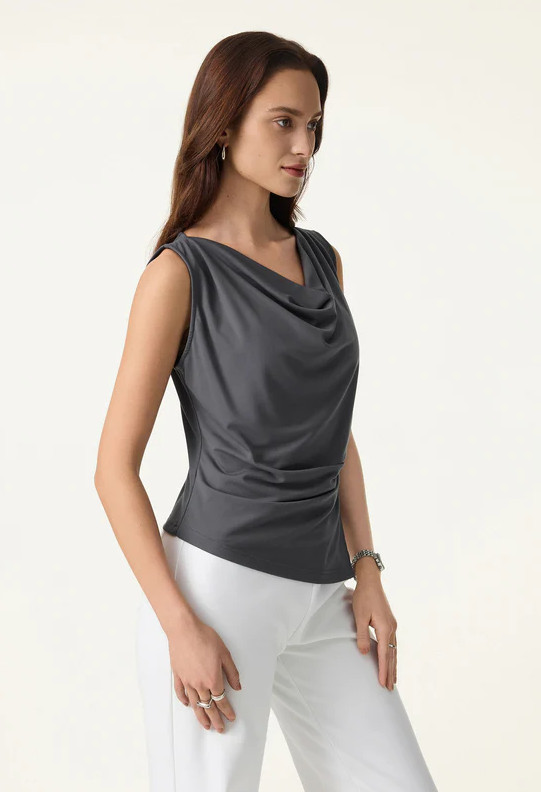 OGL Cowl Neck Asymmetrical Tucked Sleeveless Top, Taro Purple