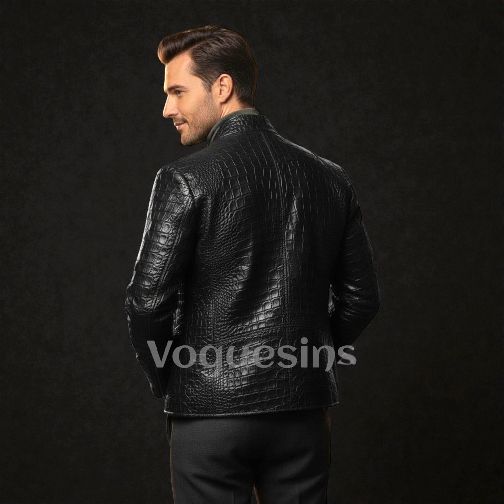 Men’s Black Leather Jacket Crocodile Embossed Pattern Alligator Leather Jacket