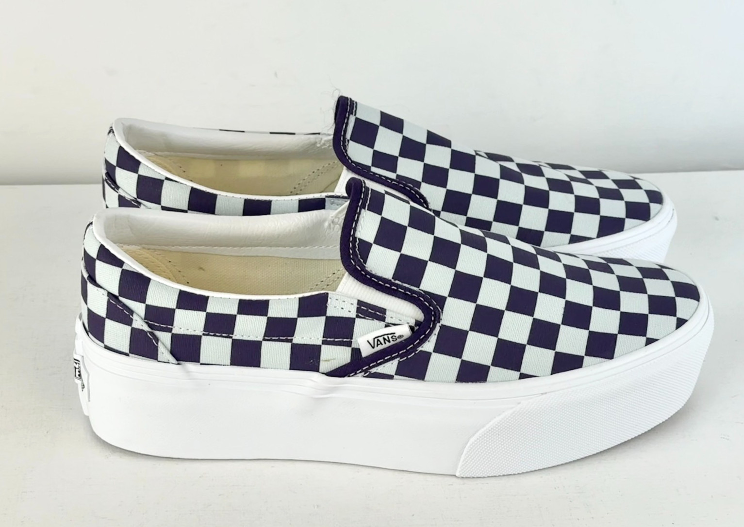 M6.5 W8-Vans Classic Slip-On Platform Checkerboard Shoe-Mist Blue/Gothic Grape