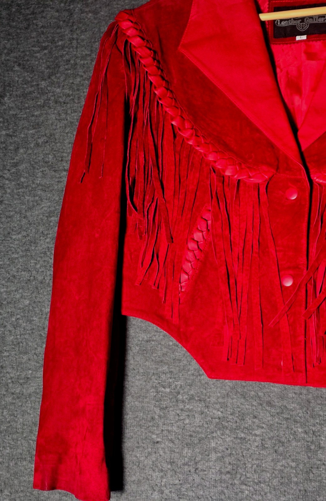 Leather Gallery Red Leather Fringe Jacket Womens L Western Cowgirl Rodeo Braided