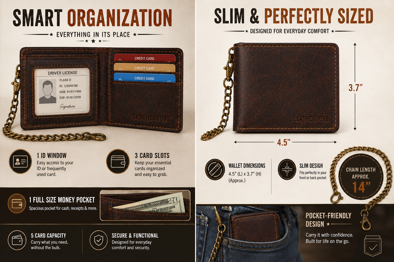 Men’s Genuine Hunter Leather Biker Long Chain Wallet with RFID Blocking Bifold