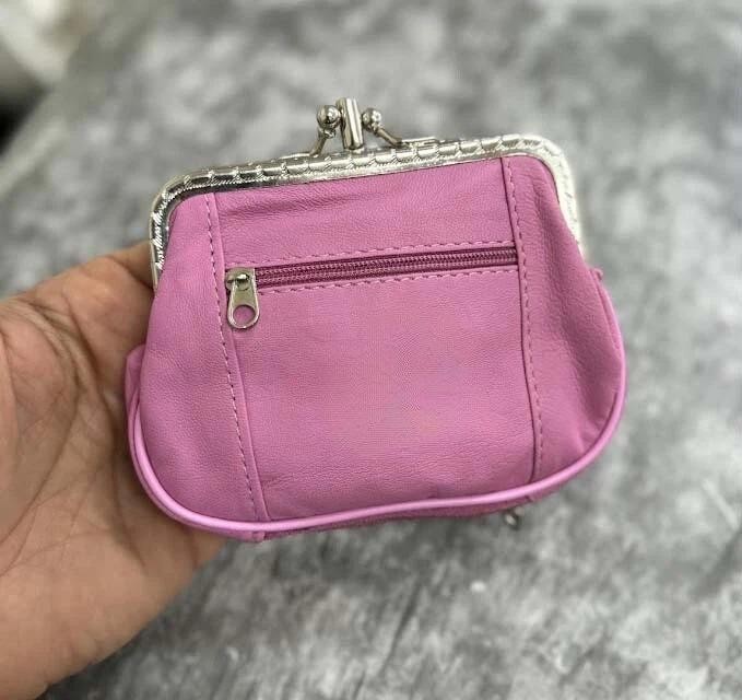 Pink Genuine Leather Woman Coin Purse Double Frame Change Wallet