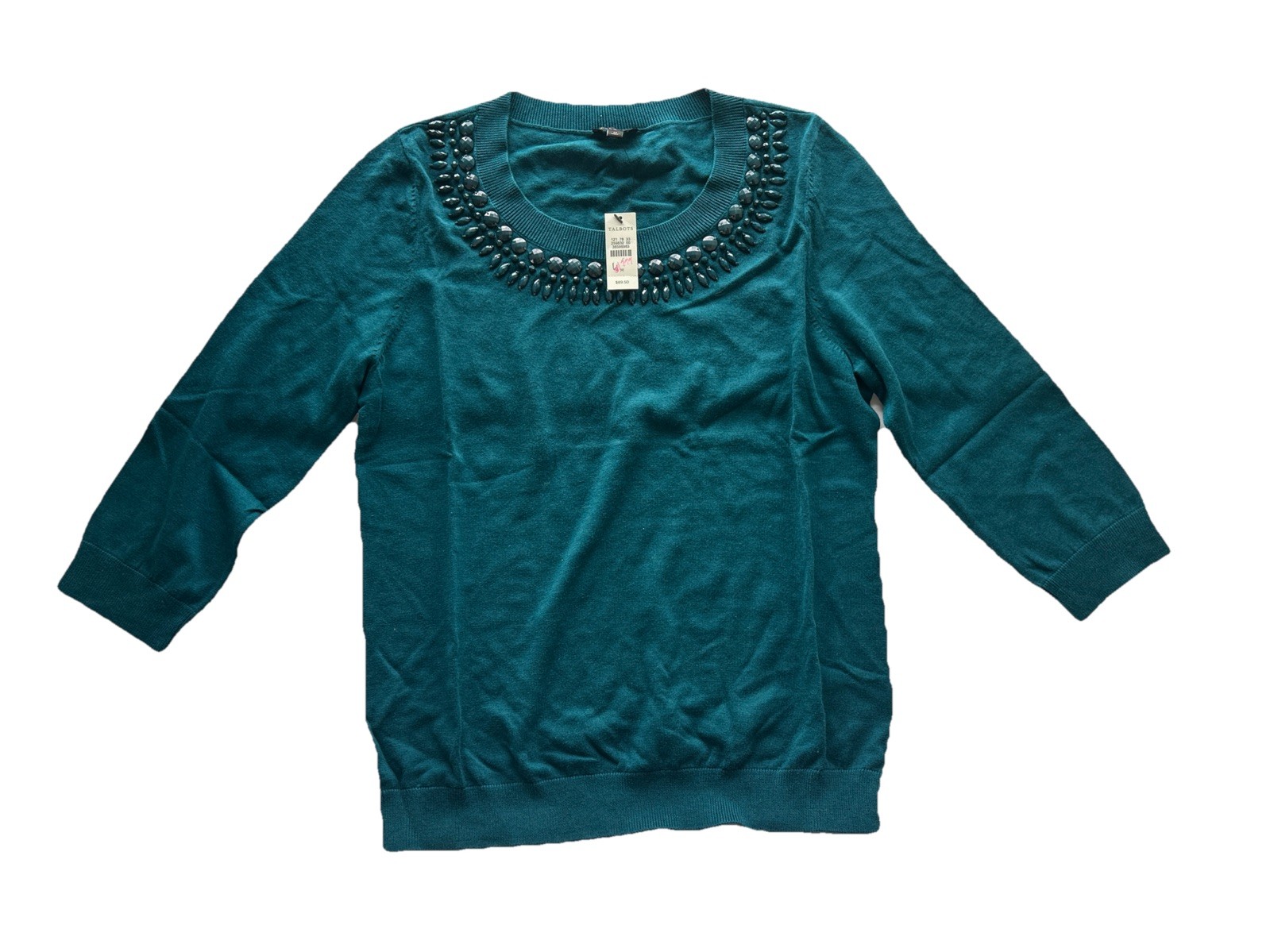 Talbots Medium sweater blue Green Teal beaded scoop neck 3/4 sleeve Pullover