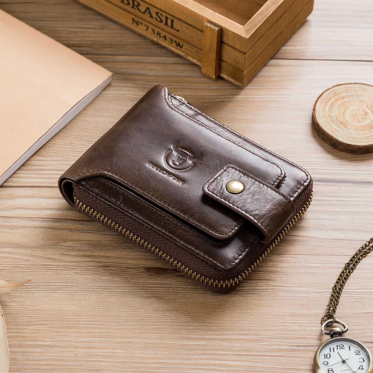 Retro Men Wallet Genuine Leather RFID Blocking Bifold with Zipper Coin Pocket