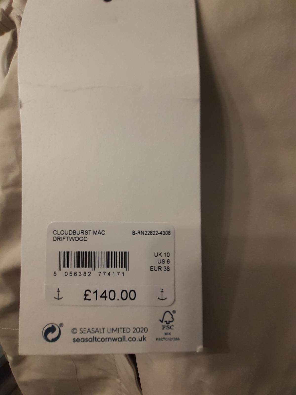 Seasalt Cloudburst Waterproof Mac Driftwood UK Size 10 BNWT