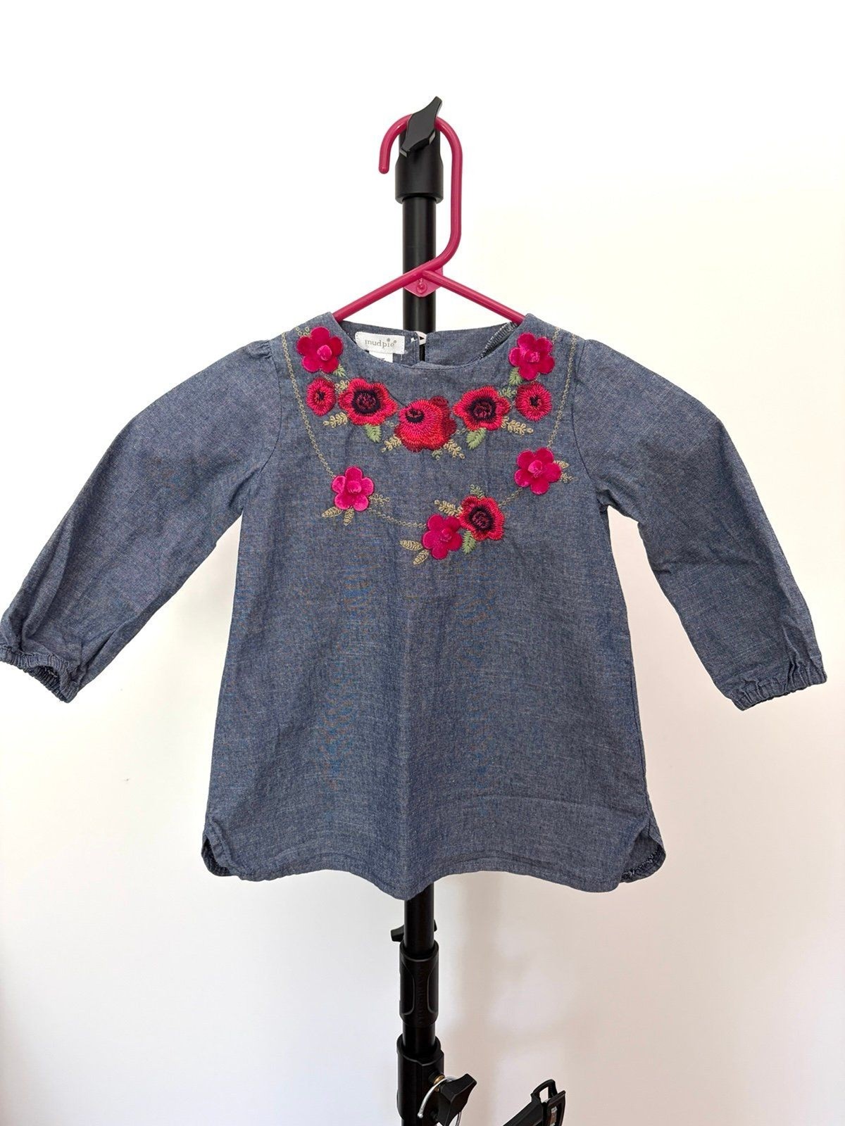 Mud Pie Girls Floral Embroidered Chambray Dress 5T Blue Cotton Long Sleeve Tunic