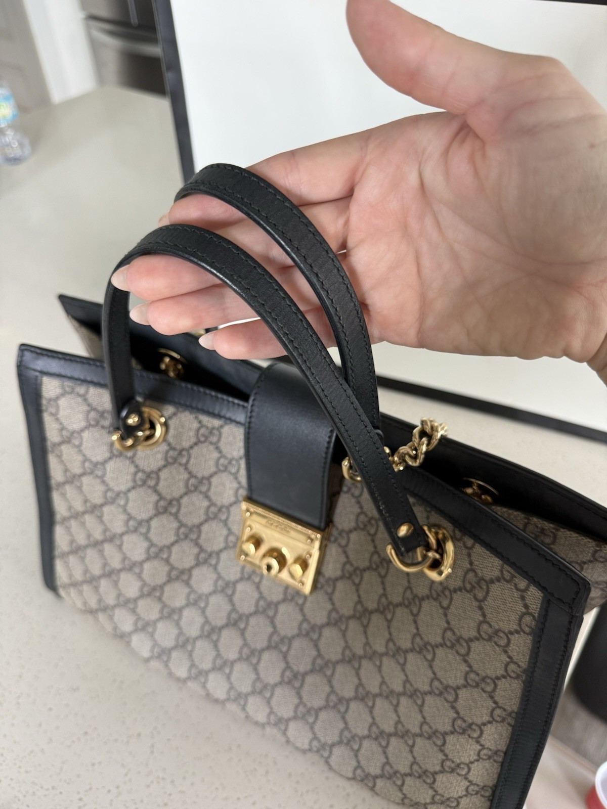Gucci GG Padlock Medium Top Handle Bag Beige Black Gold Lock Chain Strap