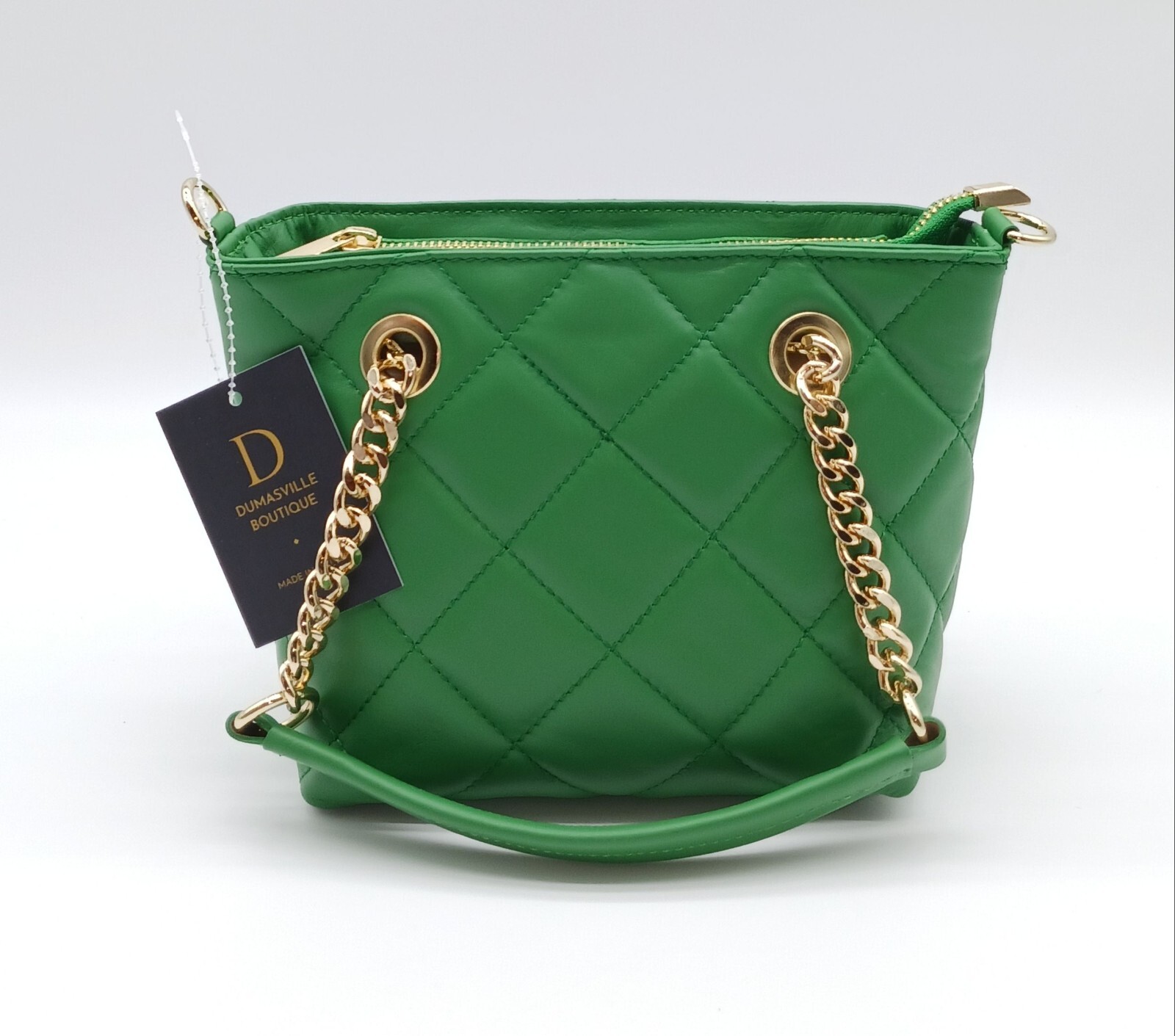 Italian Genuine Leather Small Quilted Tote Crossbody – Made In Italy – Green