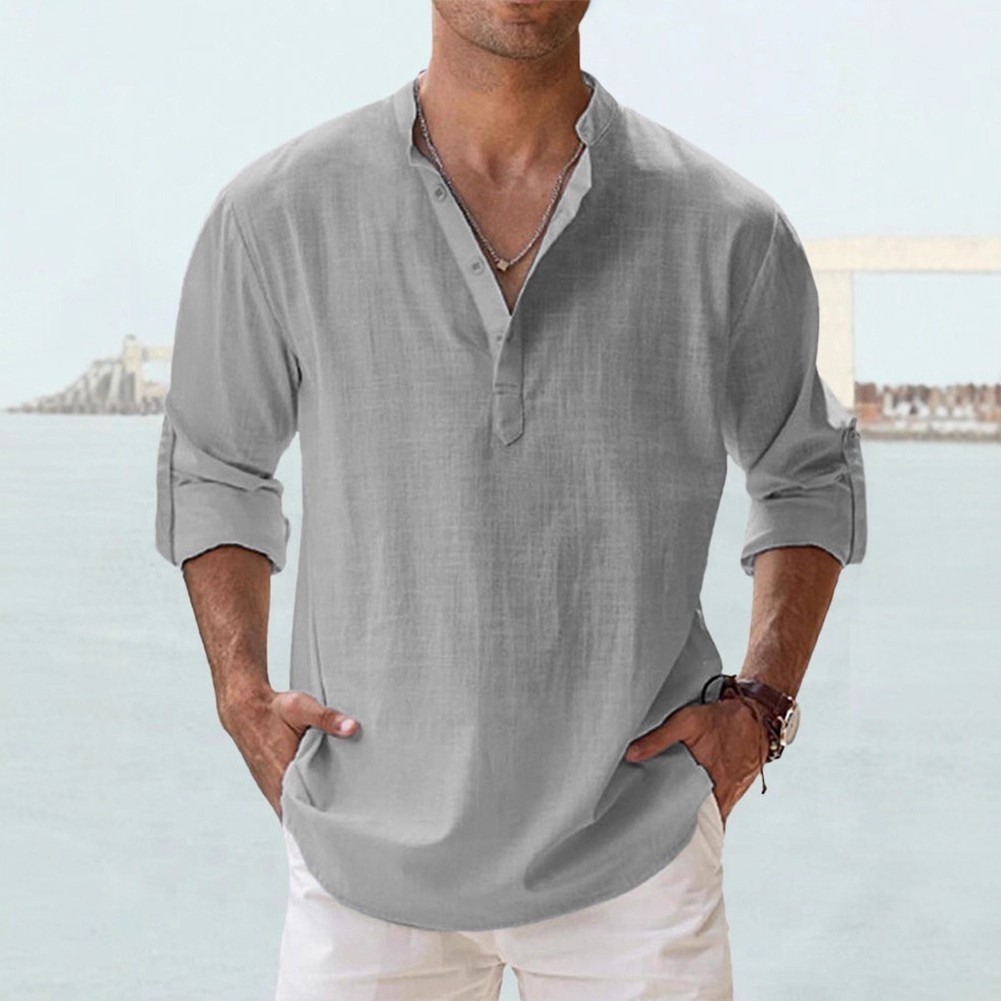 Men Linen Shirt Office Casual Stretch Fabric 80%Cotton Blend+20%Spandex