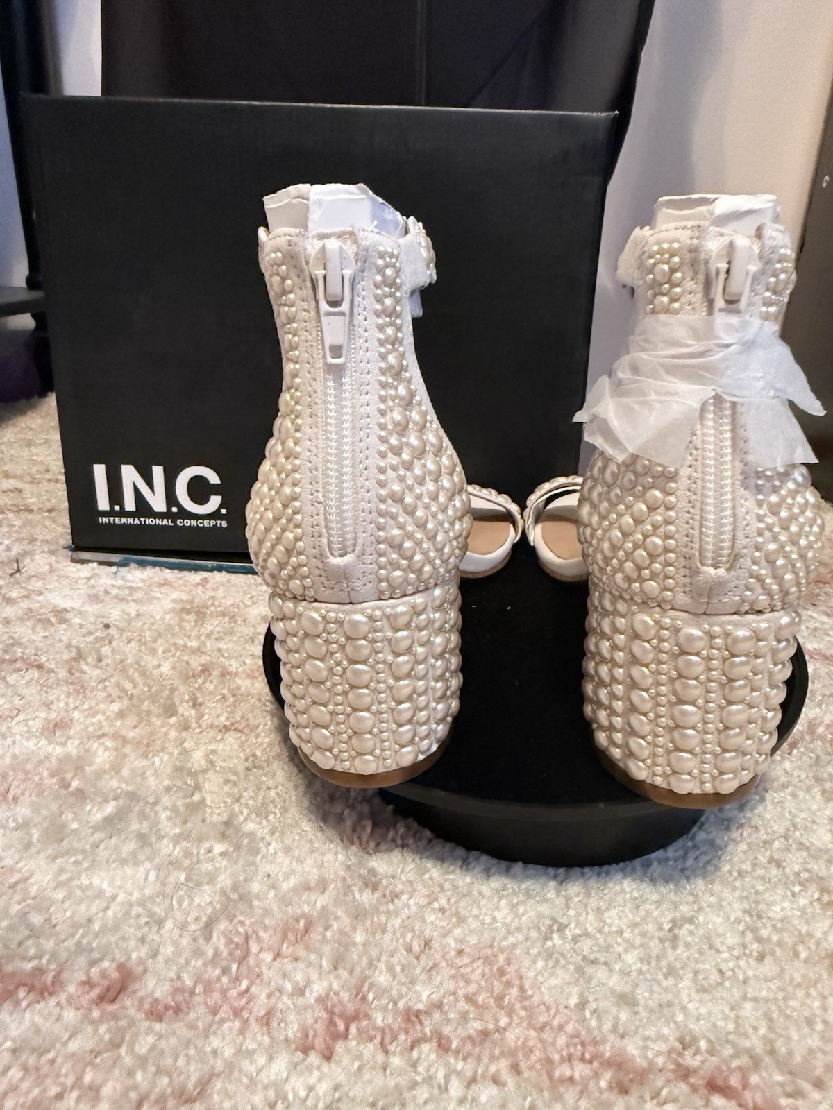INC International Concepts White Pearl Open Toe Ankle Strap Block Heel 5.5 M
