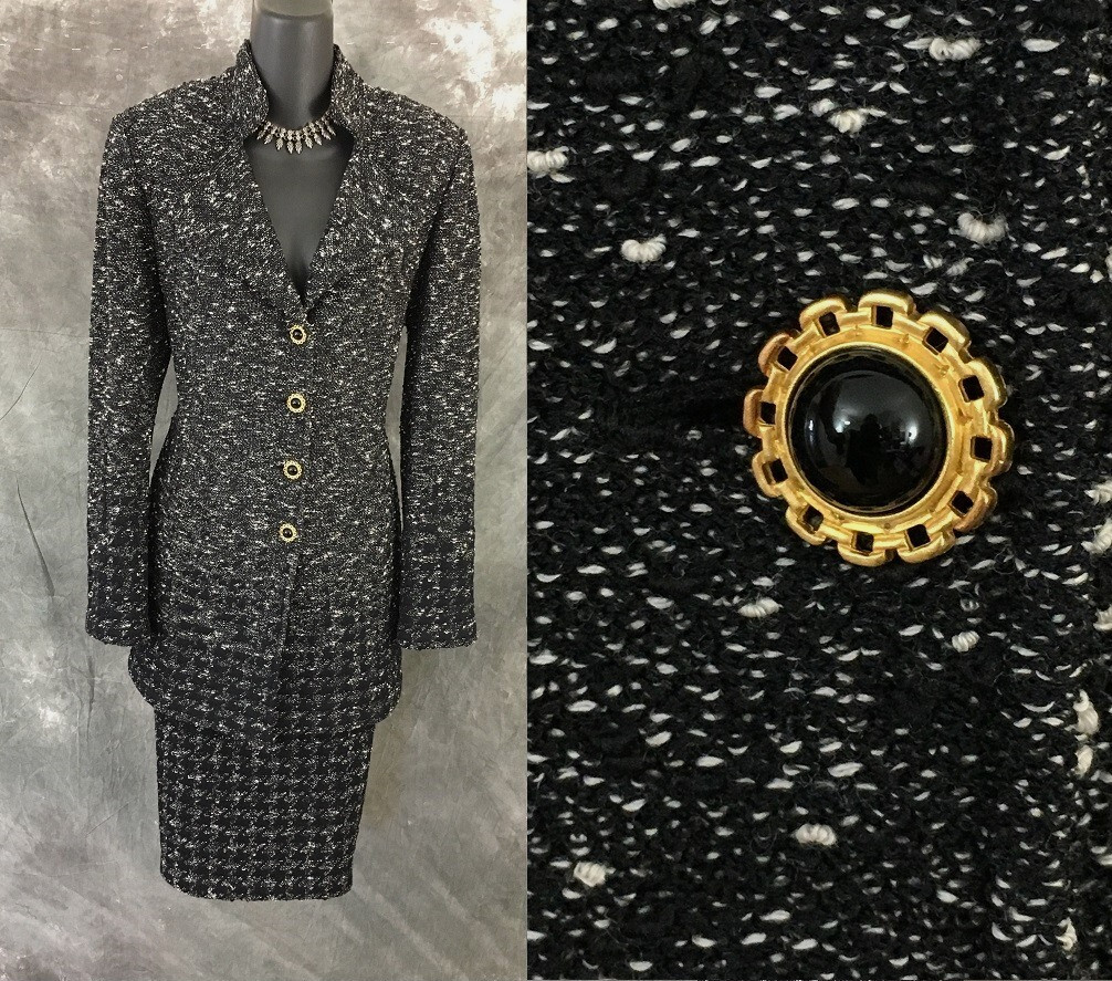 BEAUTIFUL st john collection knit black white multi jacket skirt suit size 8