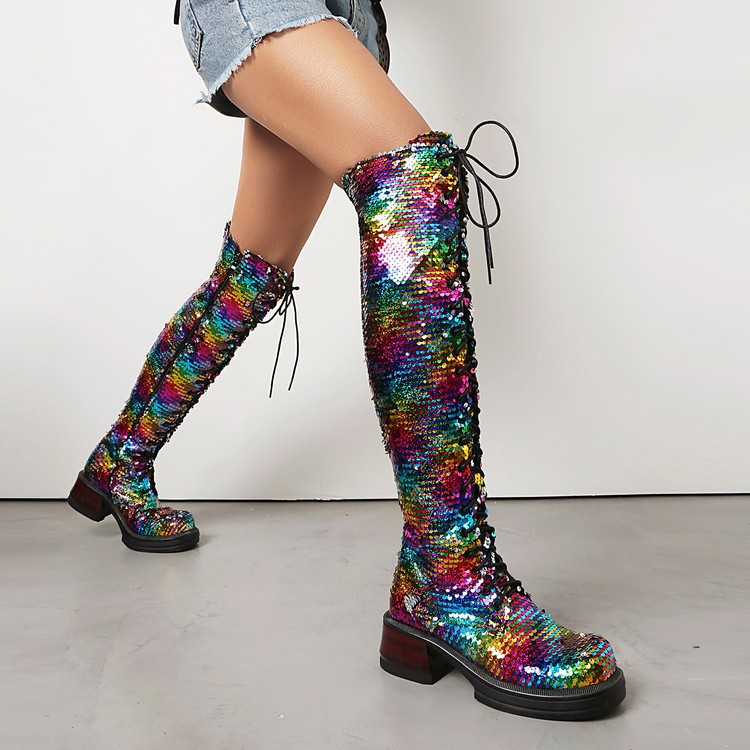 Women’s Over The Knee High Sequins Glitter Long Boots Platform Performance Sexy
