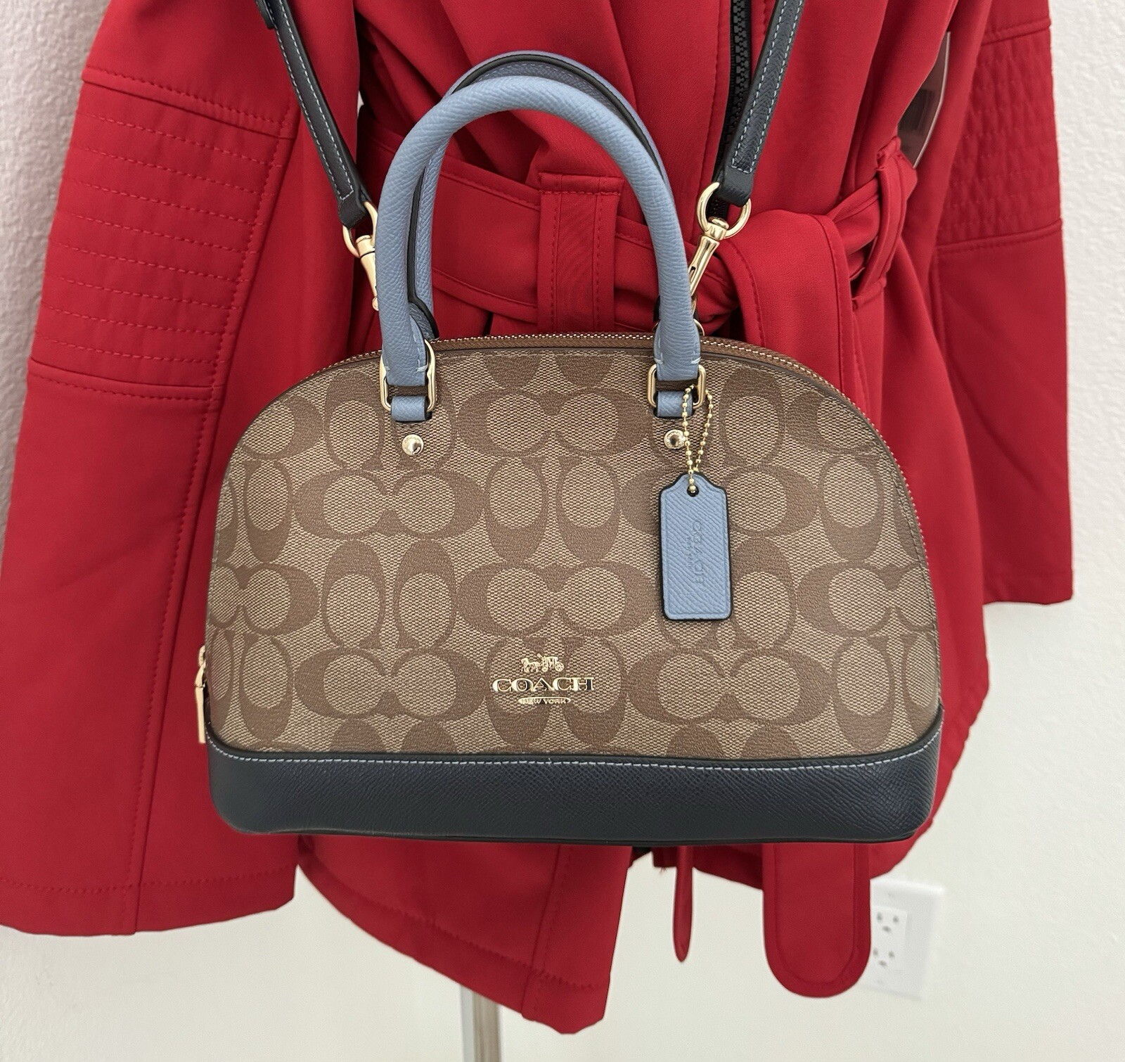 COACH Mini Sierra Satchel Logo Khaki /Midnight Pool / Brown Leather Bag $295 NEW