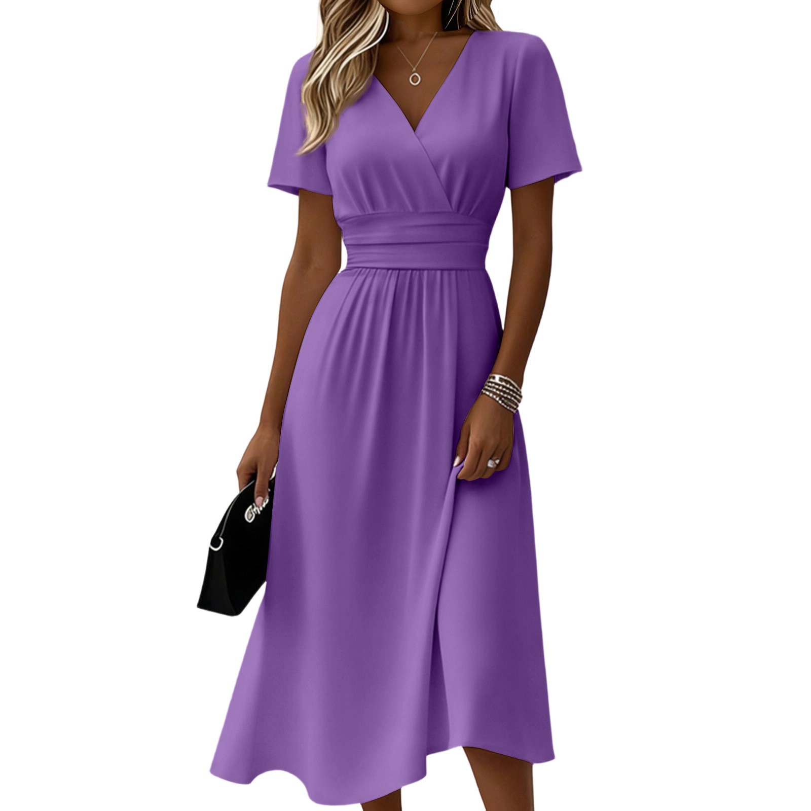Womens Solid-Color Casual Short-Sleeve V-Neck Dress