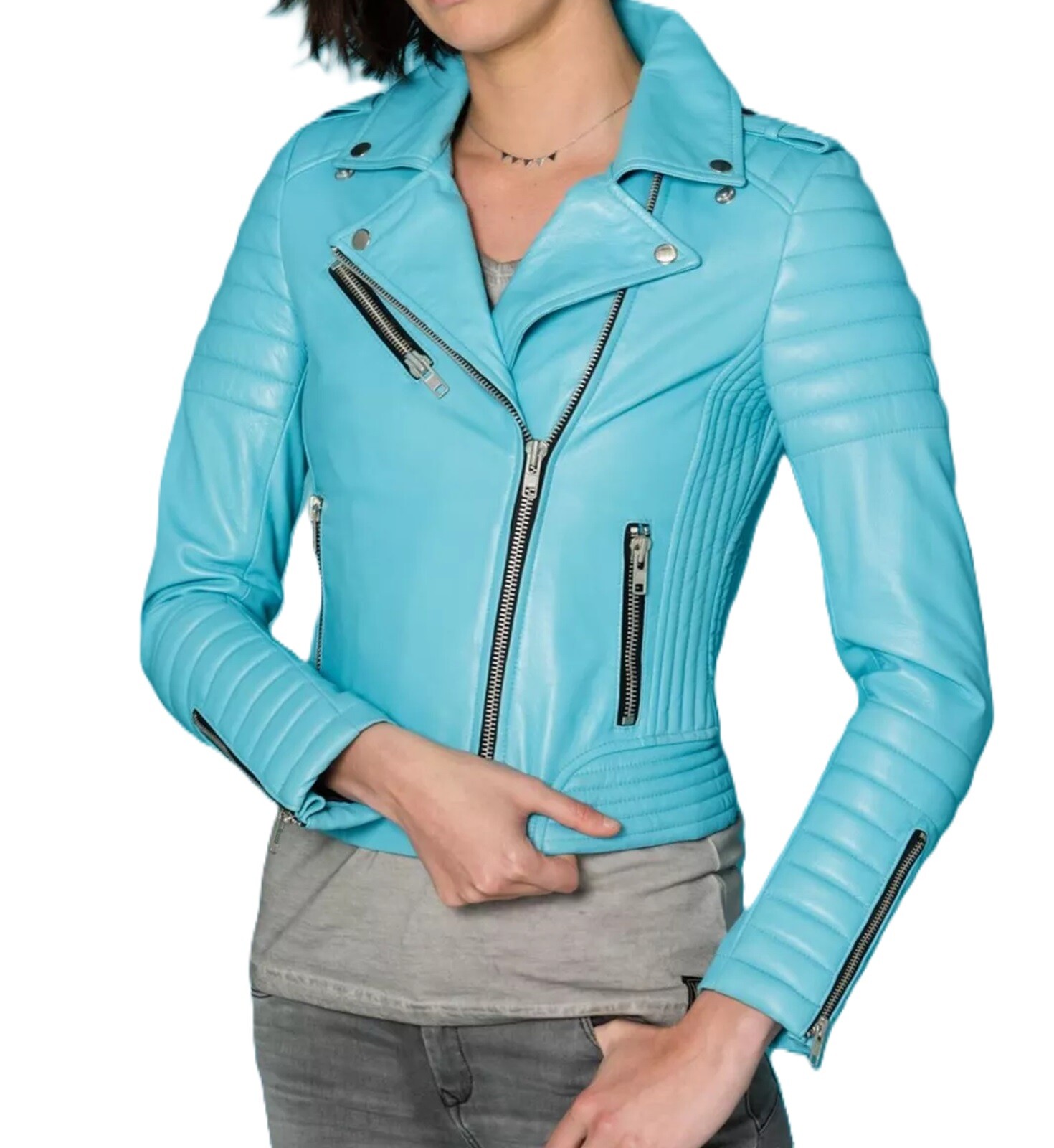 Women’s Quilted Biker Jacket 100% Real Lambskin Leather Blue Motorcycle Jacket