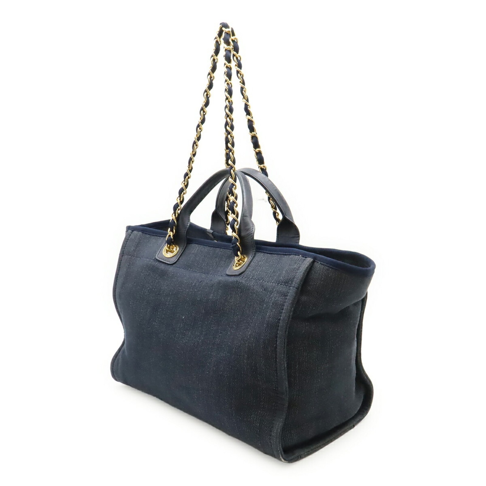 CHANEL Deauville Tote MM Medium Bag Shoulder Chain Denim Navy A67001 GZl1i6xz