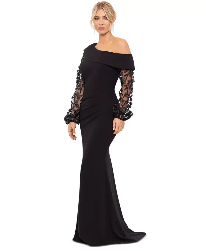 Xscape Black Floral Applique Long Sleeve Scuba Crepe Gown Size 14W $298