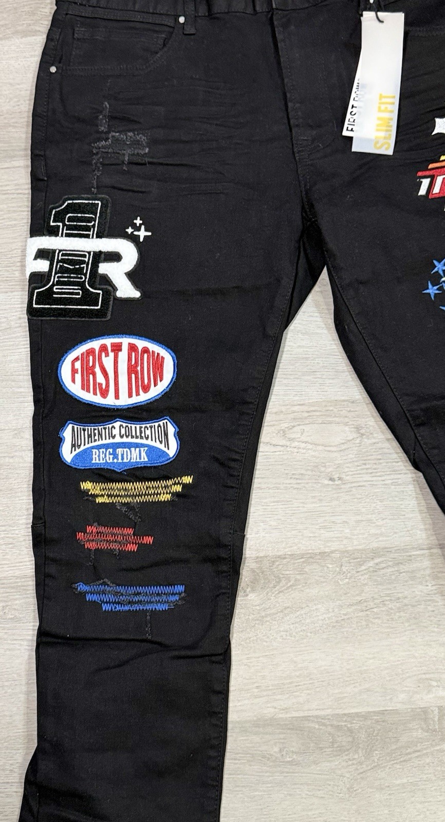 First Row Downtown La Racing Slim Fit Jeans Men’s Size 38×32 Black Patchwork NWT