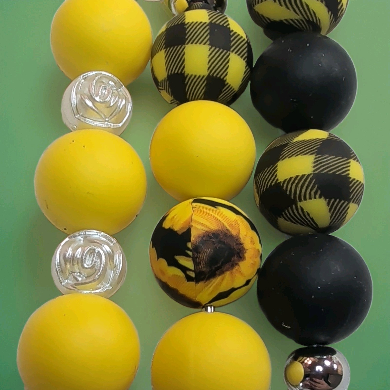 Yellow Black Silver Beaded Key Chain w/ Lobster Clasp Plaid Floral Beads