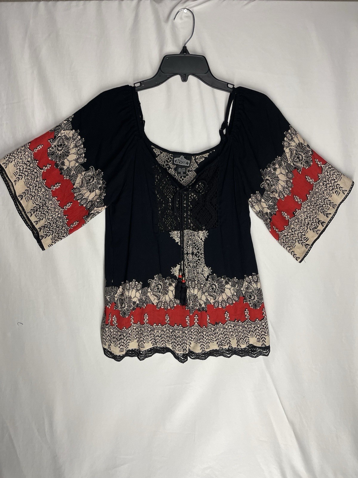 Angie Cold Shoulder Crochet Tassel Bell Sleeve Top Hippie Boho Size M Paisley