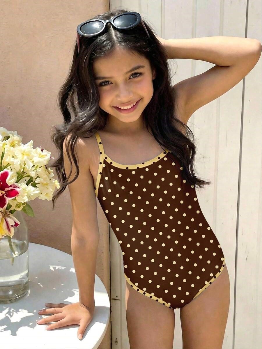YOUR CHOICE BROWN POLKA DOTSY BIKINI or ONE PIECE SWIMSUIT size 10 13 14