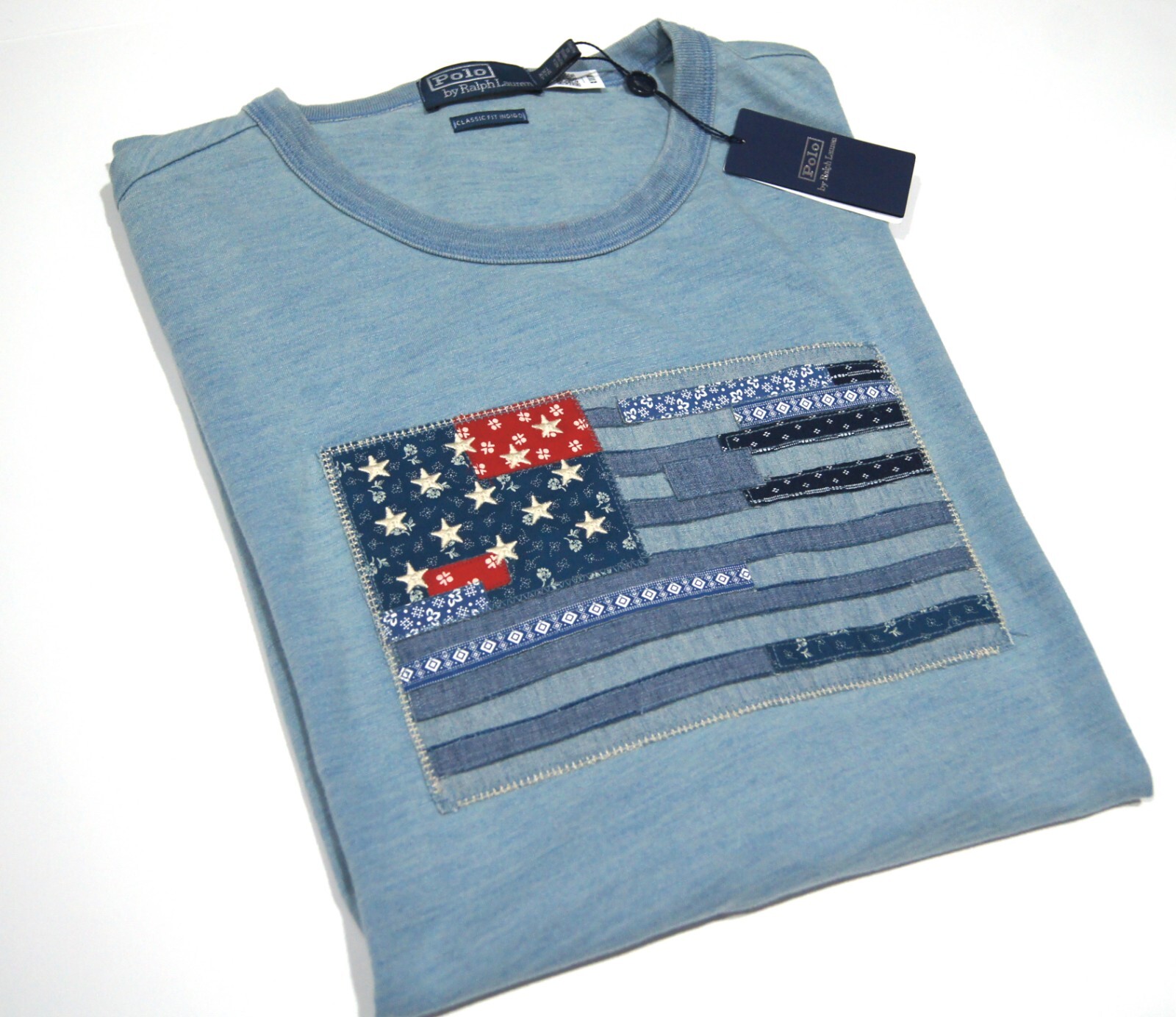 POLO RALPH LAUREN Men Classic Fit Light Indigo Blue US Flag Slub Cotton T-Shirt
