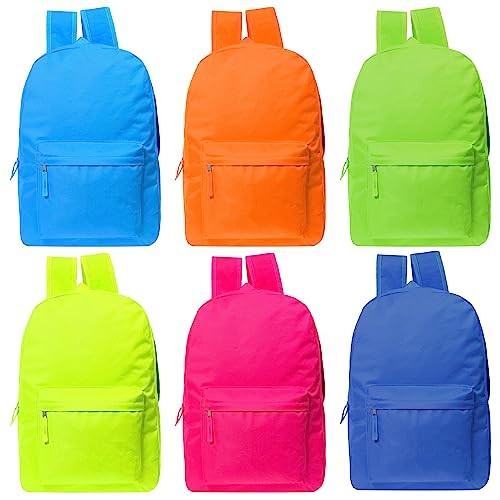 24-Pack 17″ Bulk Bright Neon Backpacks (Bookbags) in 6 Assorted Colors
