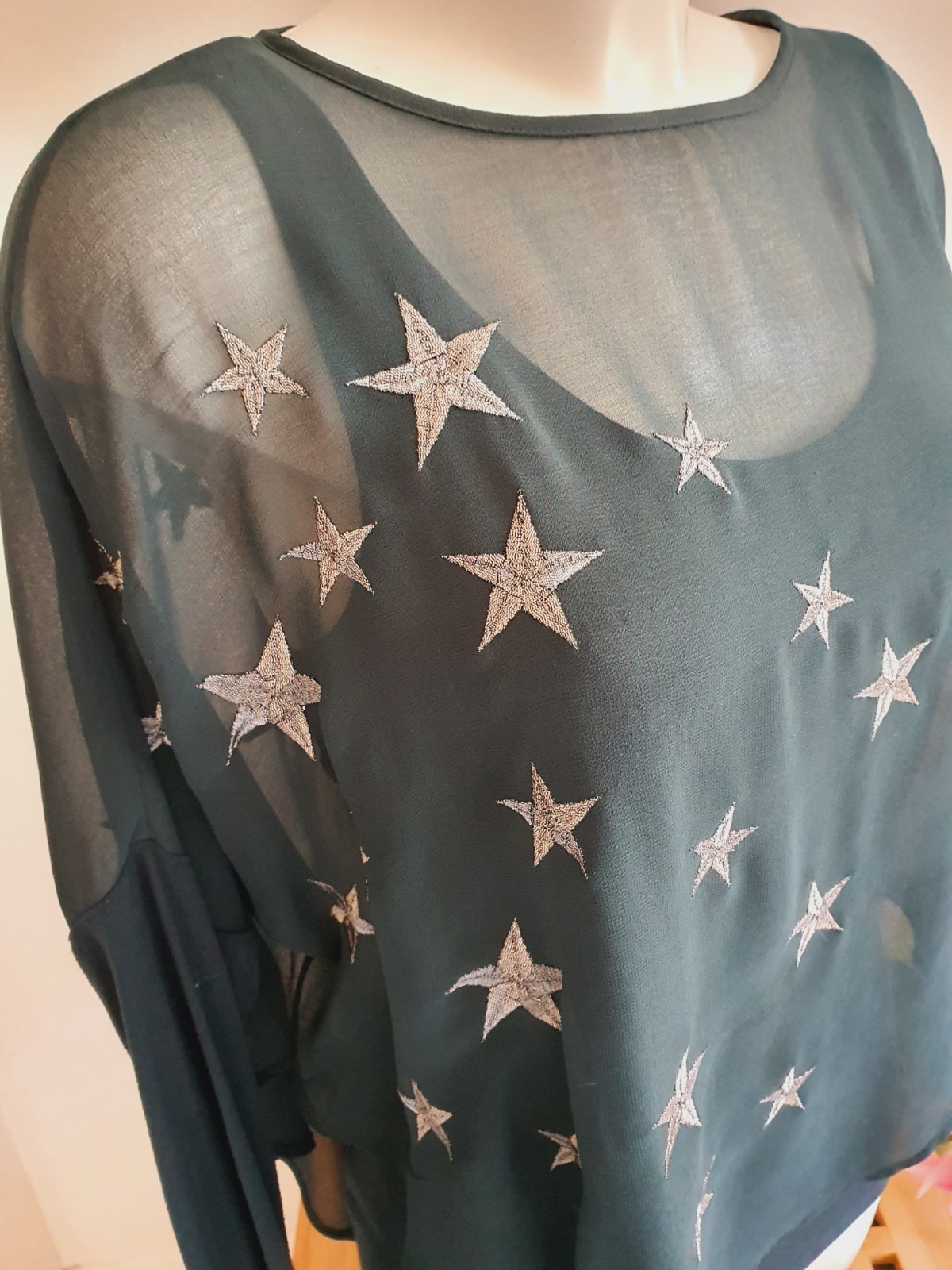 Mint Velvet Dark Green Star Embroidered Draped Top, UK Size 10