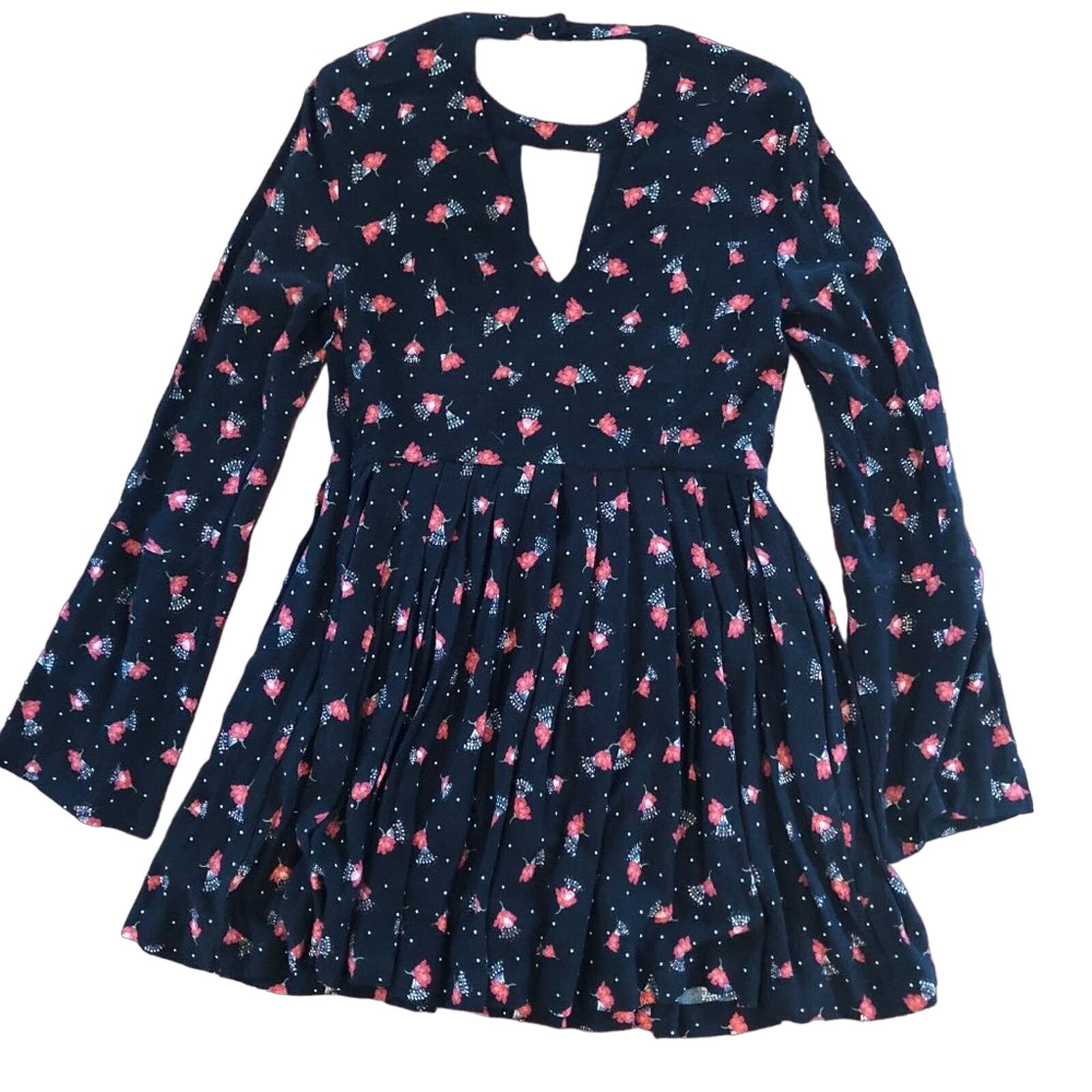 Free People Tegan Mini Dress Black Floral Red Cutout Long Sleeve 4