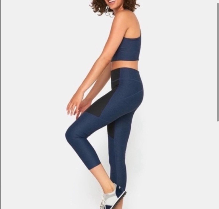 Outdoor Voices two tone color block warmup leggings crop small navy blue black