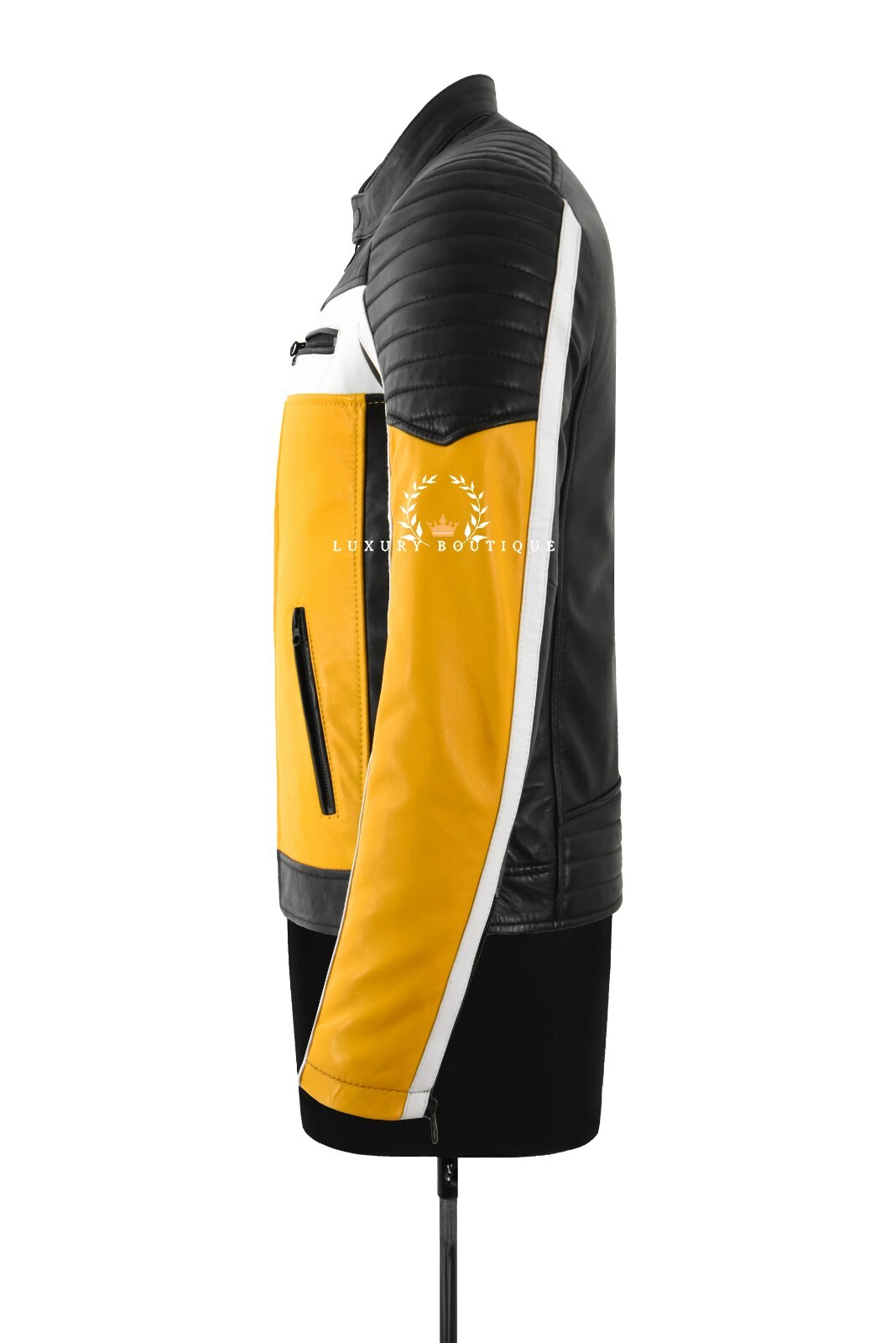 Cafe Racer Men’s Biker Leather Jacket Black Yellow Retro Style Motocross Jacket