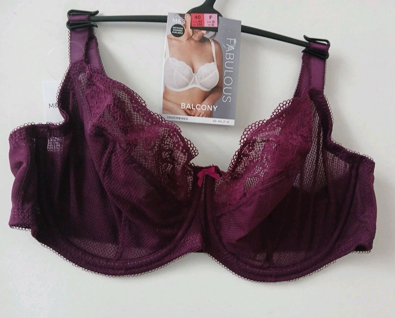 M&S Fabulous Balcony Full Lace Delicate Patterned Bra In Dark MAGENTA