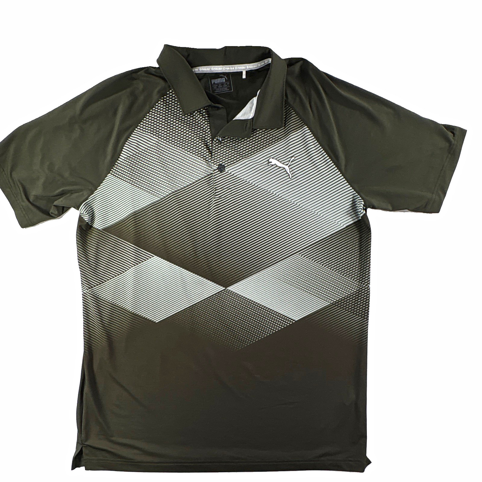 PUMA Golf Mens M Green/White Short Sleeve Collared Polo Geometric Logo 151