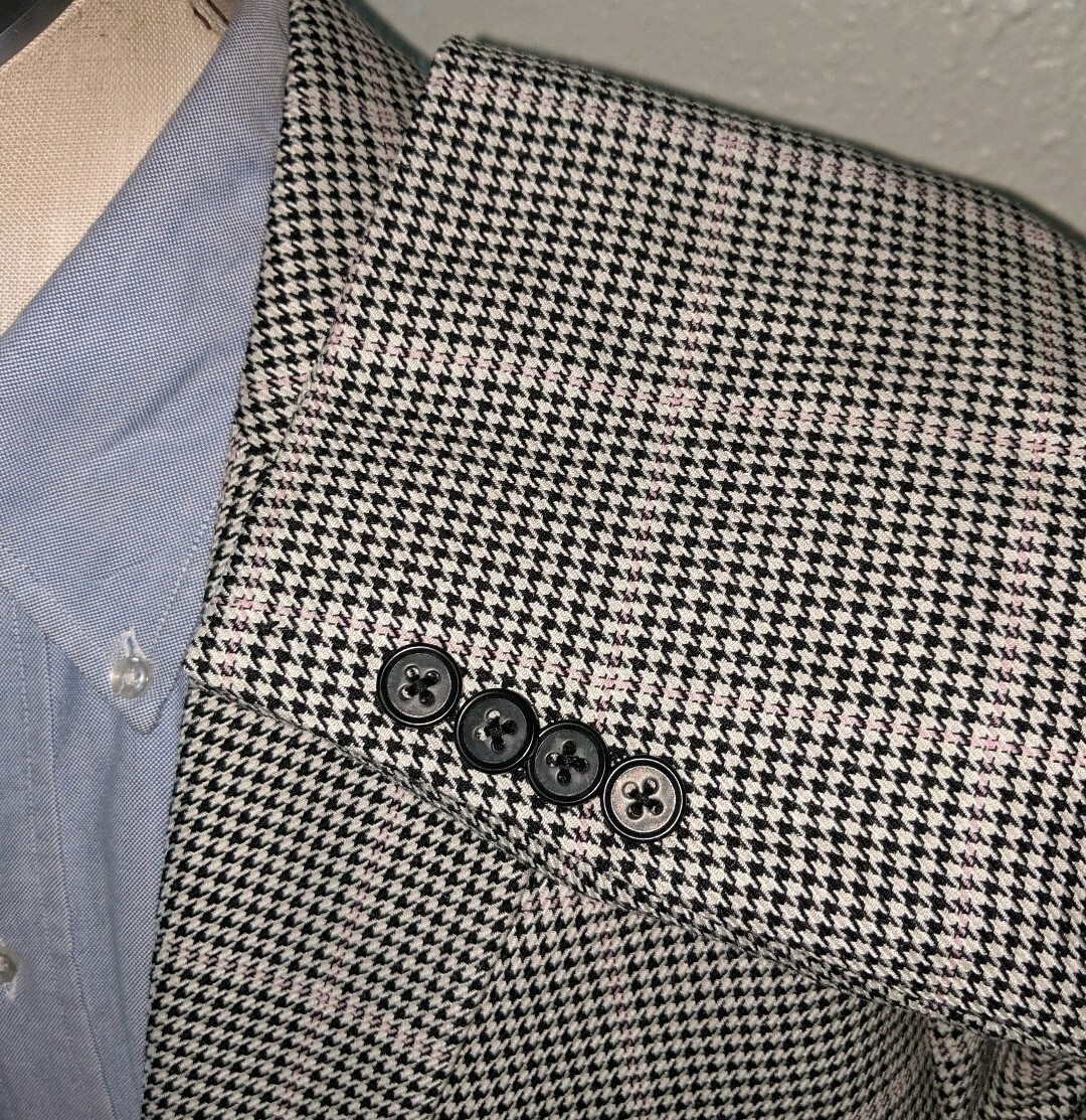 NEW Pink Tooth Over Check Plaid SILK WOOL 2-vent Blazer Jacket Sport Coat 43R