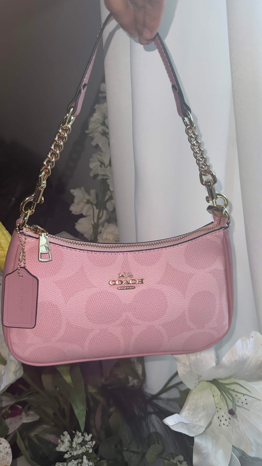 Coach Teri Shoulder Crossbody Bag Pink Signature Canvas Gold Hardware Purse