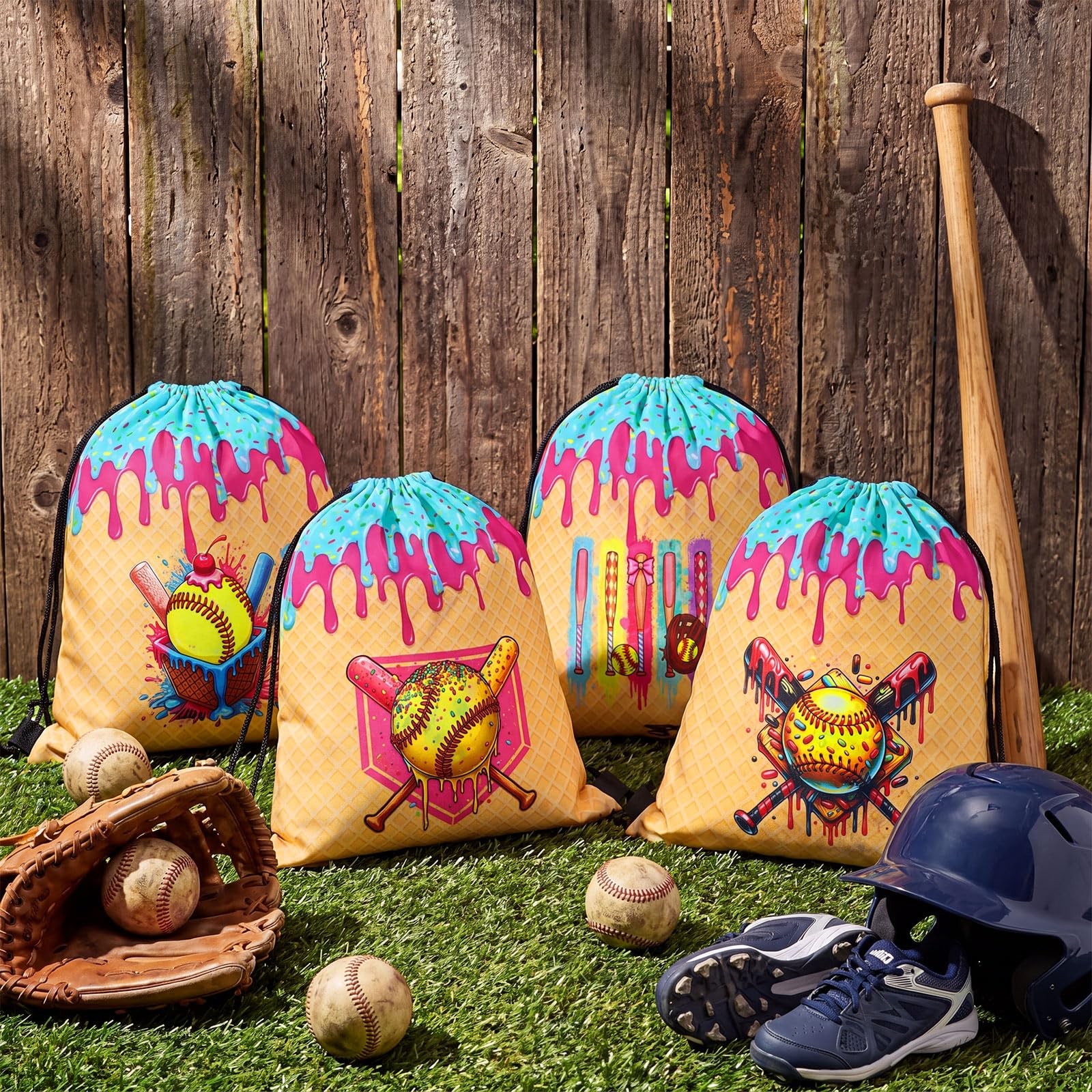 24 Pcs Ice Cream Drip Softball Drawstring Bags Bulk 11.81×9.84 Inch Sport Par…