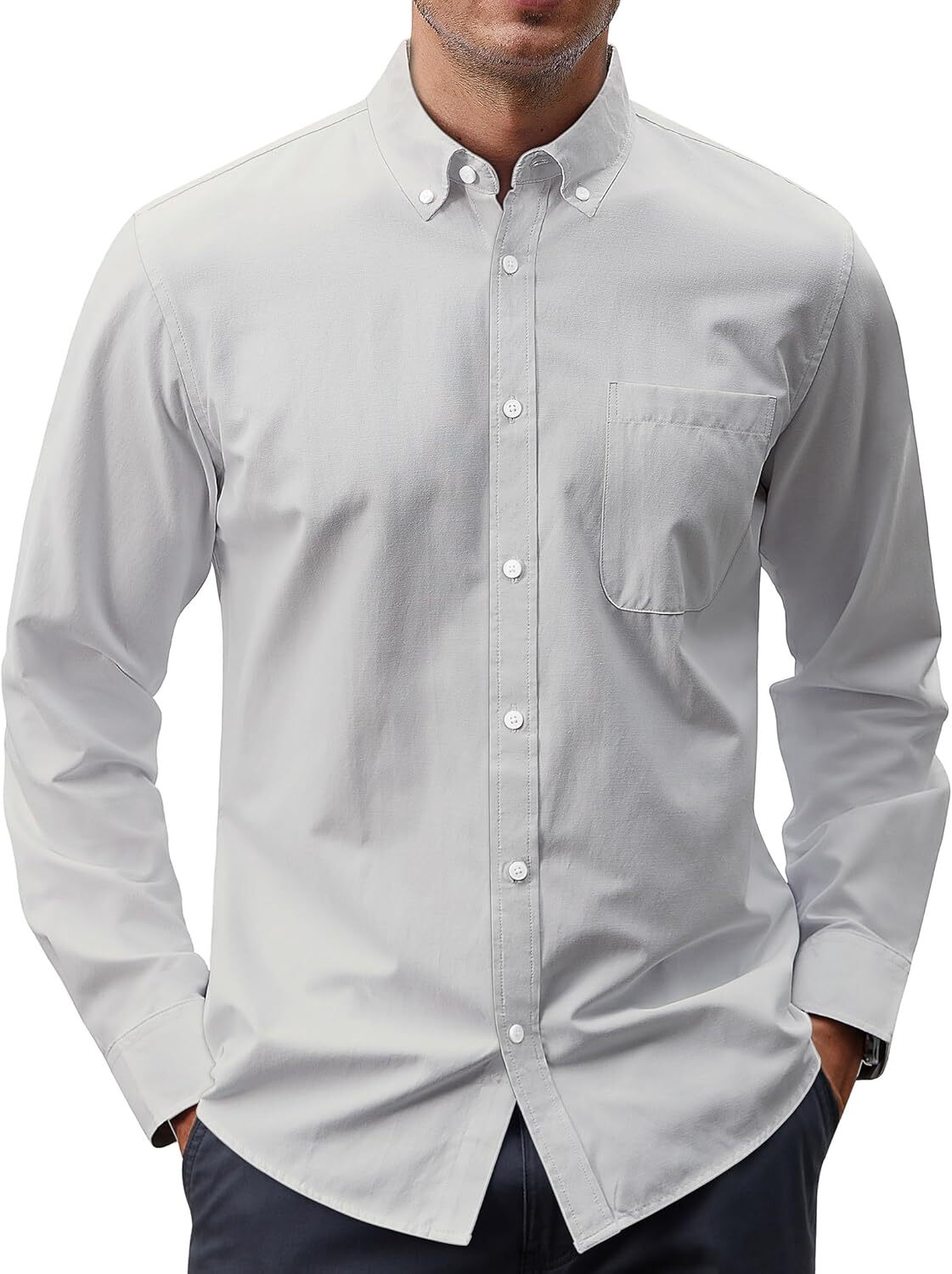 Men’s Oxford Shirt Solid Button Down Collar Long Sleeve Dress Shirt with Pocket