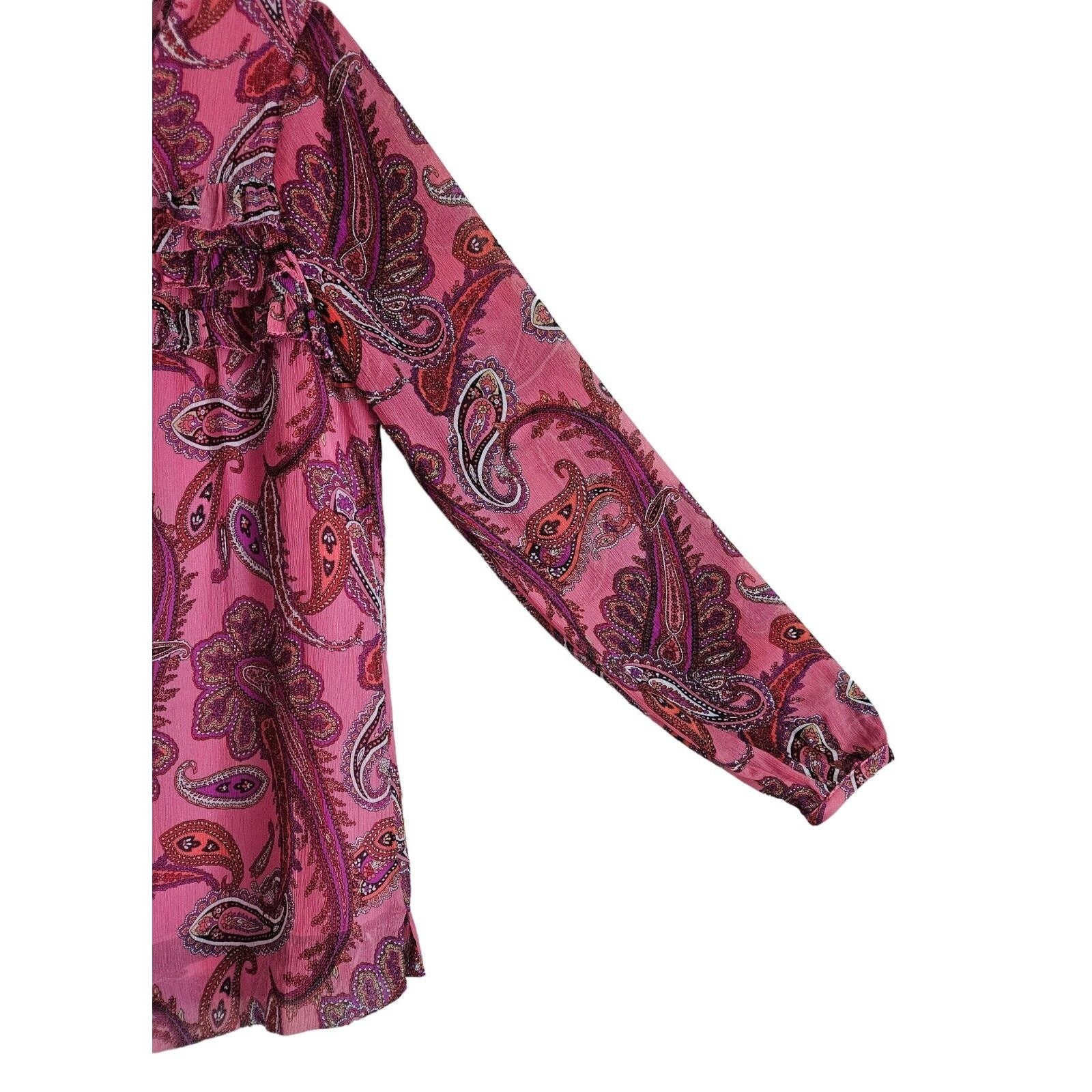 J. CREW Women 0 Silk Blouse Top Pink Paisley Ruffles Lined Long Sleeve Bust 34″